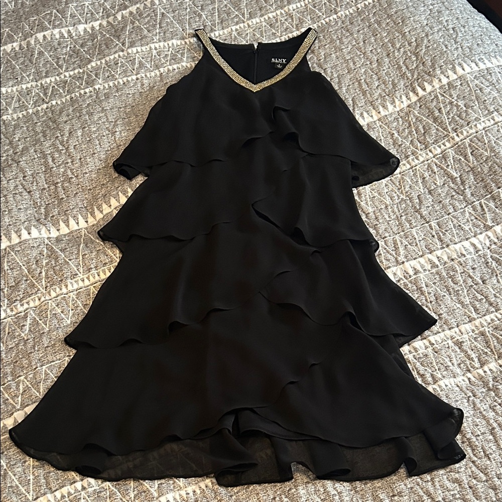 SLNY Black Ruffle Mini Dress with Gold Trim